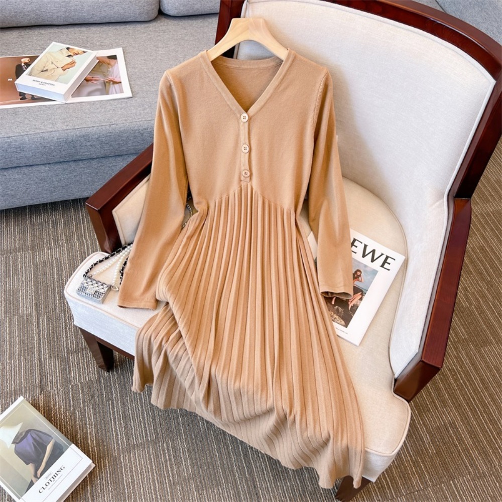 Winter Clothing Line - casual Elegant V-neck button Knit Spliced